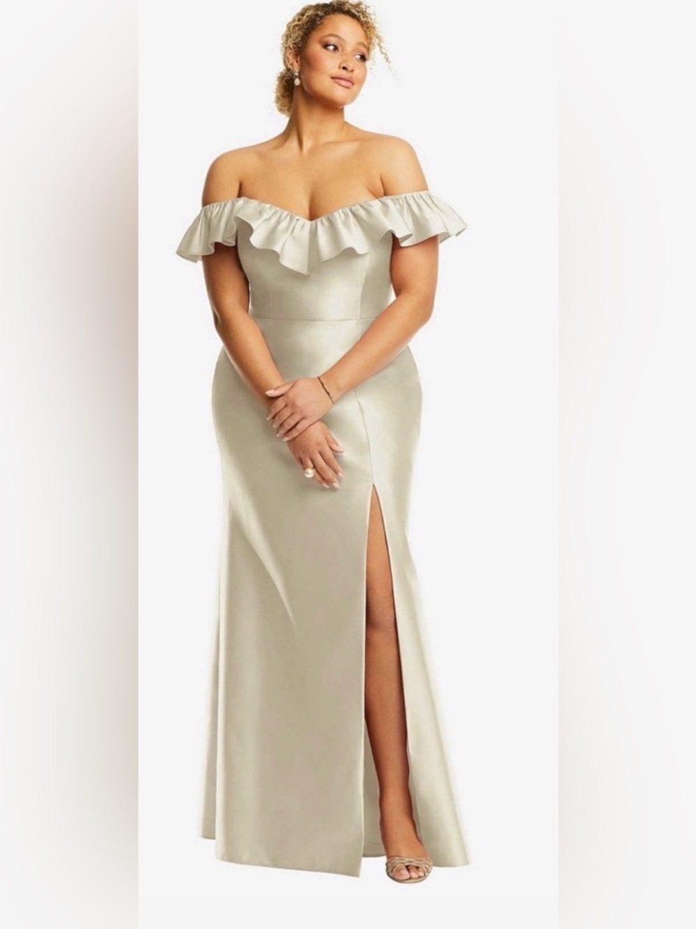 Alfred Sung Off the Shoulder Ruffle Neck Satin Trumpet Gown in Champagne - Picture 7 of 15